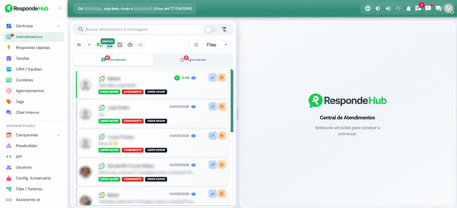 Sistema de atendimento multicanal com WhatsApp, Instagram e Facebook em painel administrativo